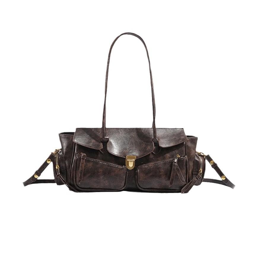 Damentasche aus Leder ⎜ Geräumige Schultertasche mit Retro-Look und Außentaschen
