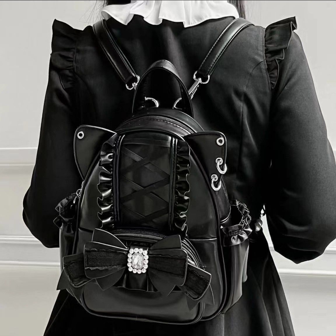 Damen Rucksack mit Katzenohren ⎜ Niedliches Design mit Spitze und viel Stauraum für Schule und Freizeit
