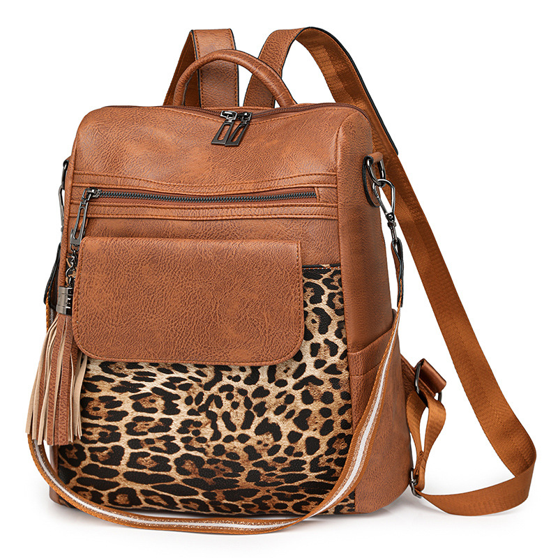Damen Rucksack mit Leopardenmuster ⎜ Großer Vintage Tagesrucksack mit viel Stauraum und Reißverschlusstaschen