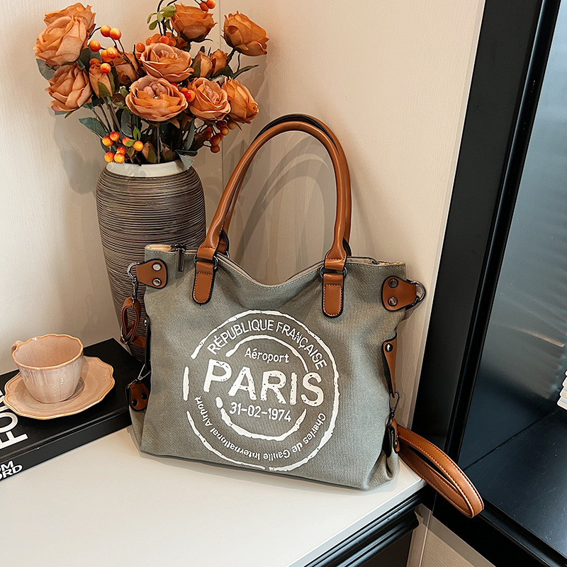 Canvas Tasche für Damen ⎜ Lässiger Paris-Print mit robusten Tragegriffen