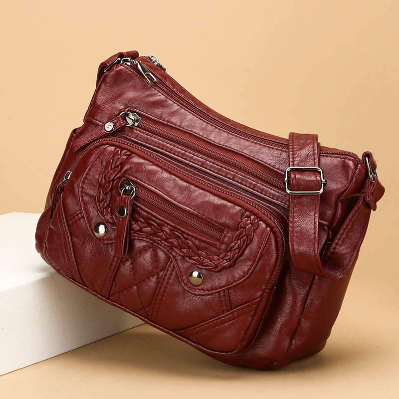 Umhängetasche für Damen ⎜ Weiche Schultertasche aus Leder mit Ziernähten und praktischen Reißverschlussfächern