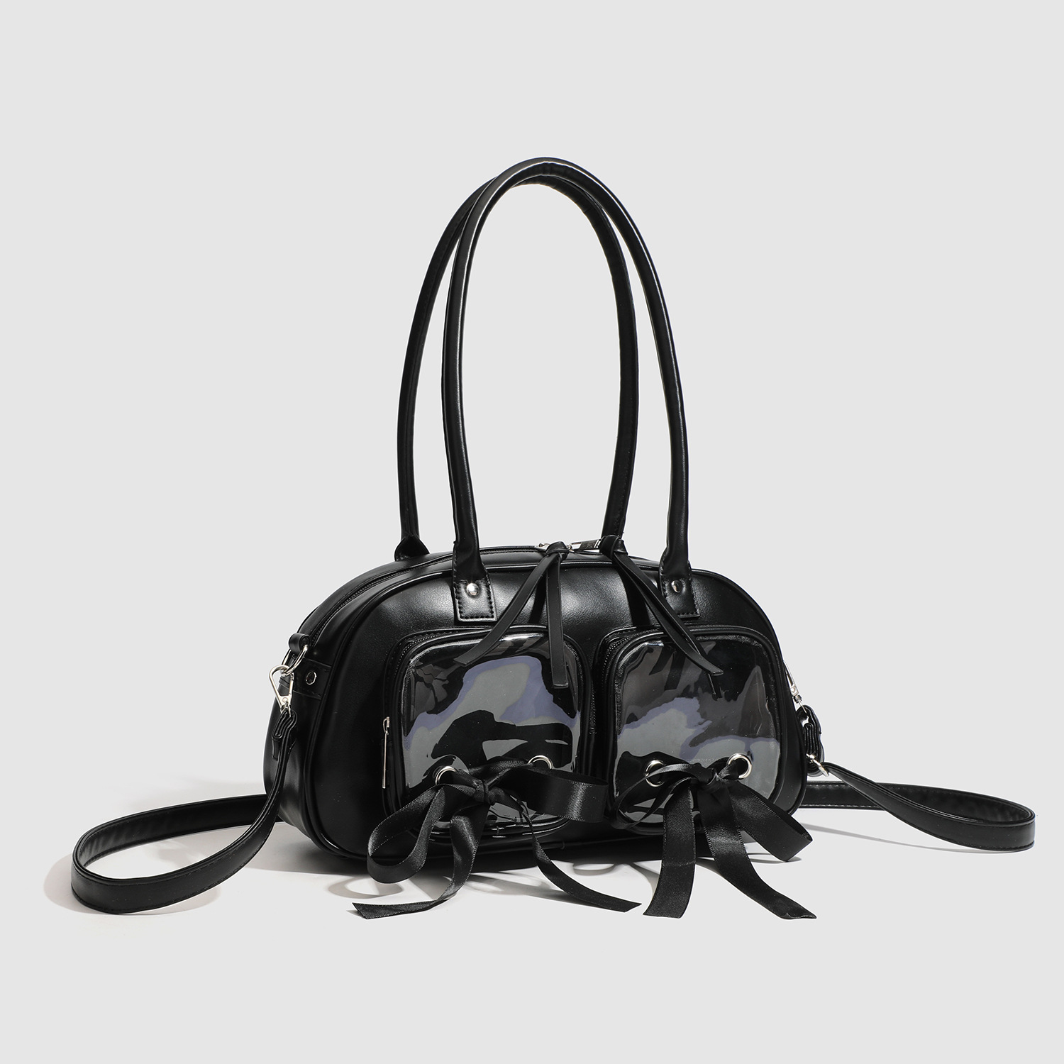 Schultertasche für Damen ⎜ Stilvolle Bowling-Bag mit Zierschleifen und praktischen Fronttaschen