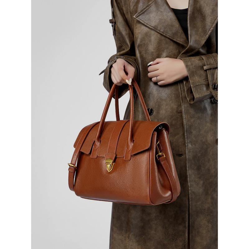 Leder Aktentasche für Damen ⎜ Geräumige Tragetasche im Retro-Stil mit Schultergurt für Alltag und Büro