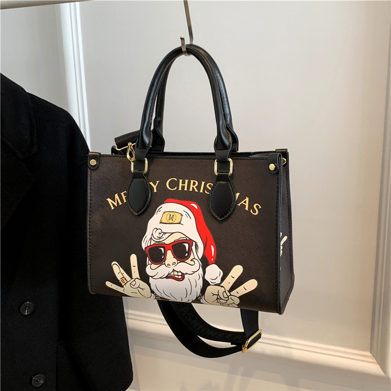 Handtasche für Damen ⎜ Weihnachtliche Tragetasche mit Santa-Print und breitem Riemen für festliche Outfits