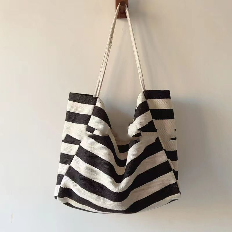 Shopper Tasche für Damen ⎜ Gestreifte Canvas-Tasche mit Kordelgriffen und viel Platz für Alltag und Freizeit