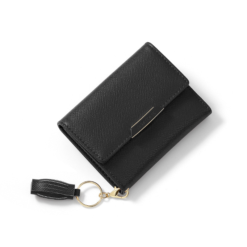 Damen Kurz-Geldbörse mit Quaste ⎜ Faltbare Mini-Brieftasche im schlichten Design mit Schlüsselring und Druckknopf
