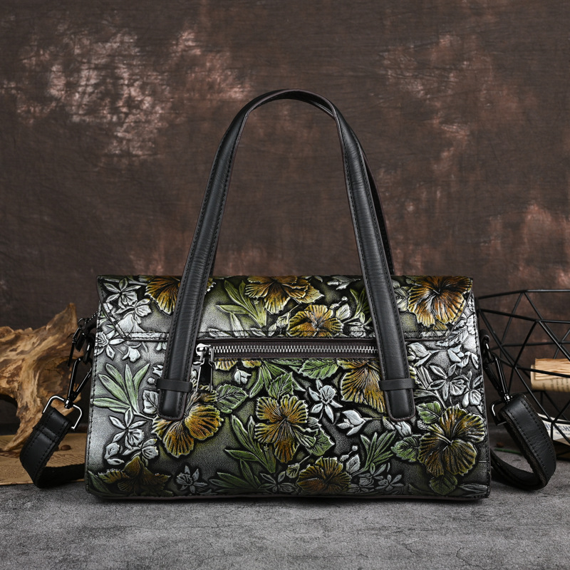 Handtasche für Damen ⎜ Retro-Schultertasche aus Lederoptik mit Blumenmuster und abnehmbarem Riemen