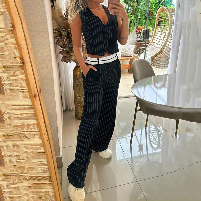 Emily – gestreiftes, geknöpftes Westentop und Hose im Taschendesign, 2-teilig