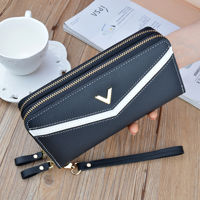 Damen Geldbörse mit Doppelreißverschluss ⎜ Lange Clutch mit Handriemen und modernem Design