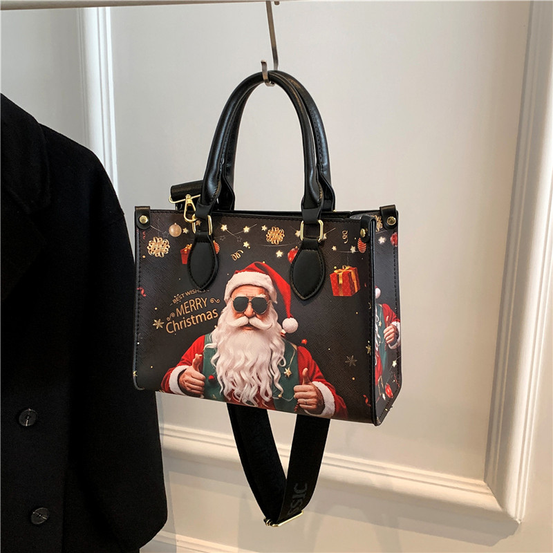 Handtasche für Damen ⎜ Weihnachtliche Tragetasche mit Santa-Print und breitem Riemen für festliche Outfits