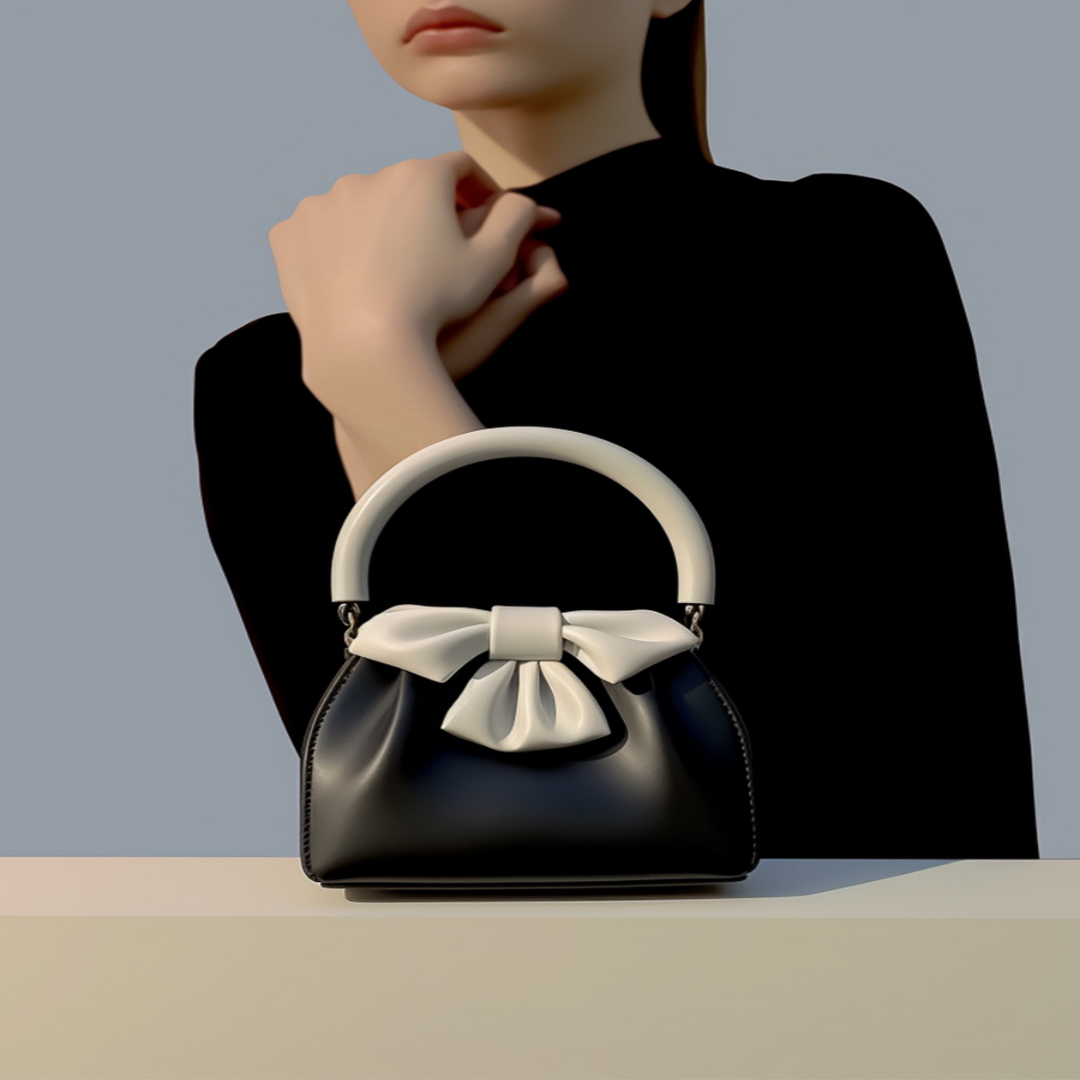 Damen Handtasche ⎜ Elegante Bucket Bag mit kontrastfarbenem Schleifendetail und gerafftem Design
