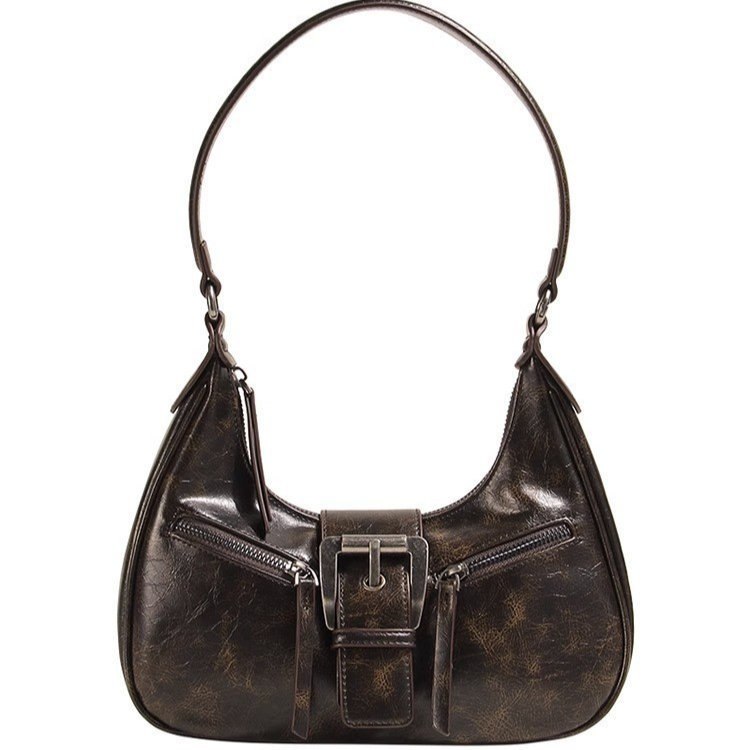 Retro Damen Schultertasche ⎜ Stylische Underarm-Tasche in Halbmond-Form aus Kunstleder