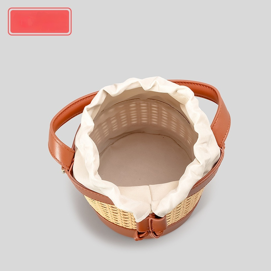 Runde Rattan Umhängetasche für Damen ⎜ Handgewebte Bucket Bag mit Zugverschluss und Lederakzenten