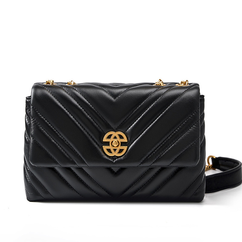 Ketten-Schultertasche für Damen ⎜ Elegantes Karomuster mit goldfarbenem Verschluss und verstellbarem Tragegurt