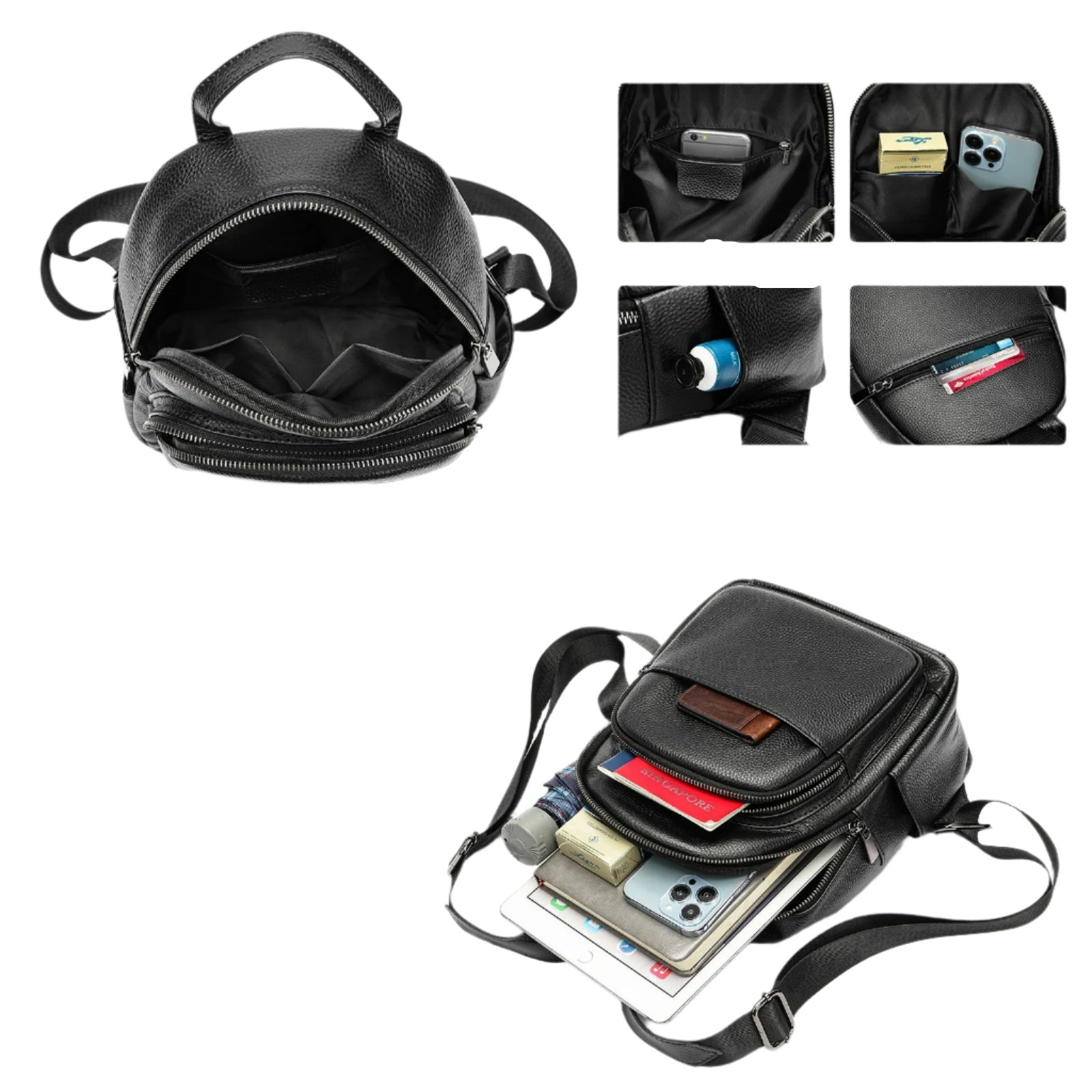 Damen Rucksack aus Kunstleder ⎜ Kompakter City-Rucksack mit Reißverschlussfächern und verstellbaren Trägern