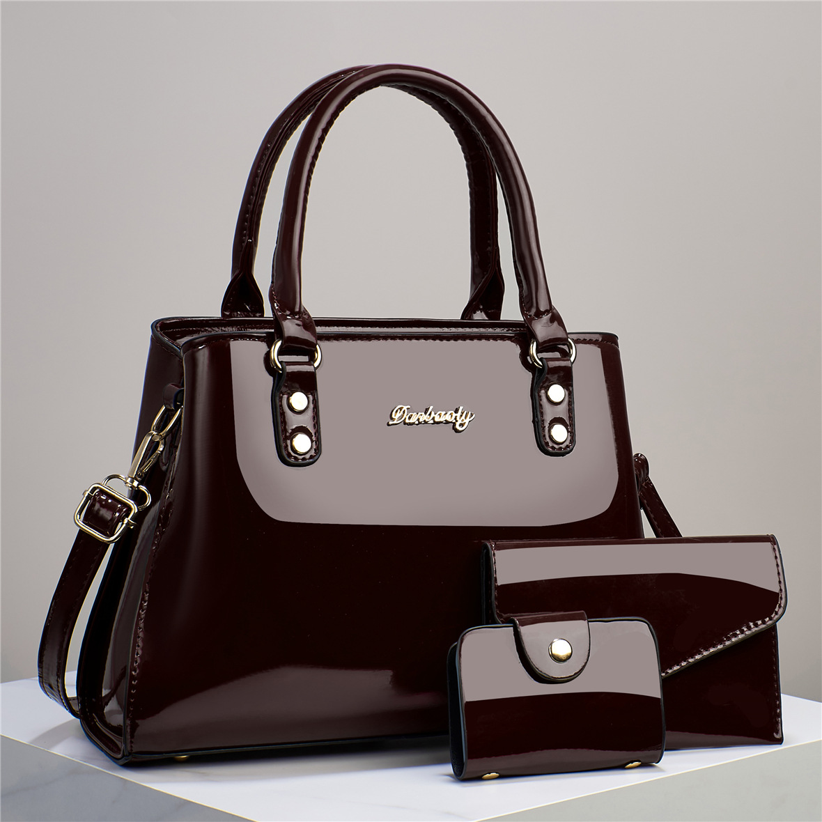 Handtasche mit Umhängegurt ⎜ Elegantes Set für Damen mit Glänzender Oberfläche und Passender Geldbörse