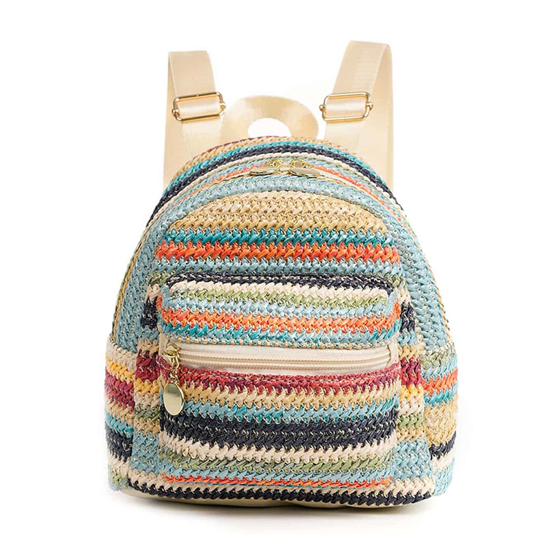 Rucksack für Damen ⎜ Leichter Strohrucksack mit Doppelreißverschluss und Ethno-Design für Alltag und Freizeit
