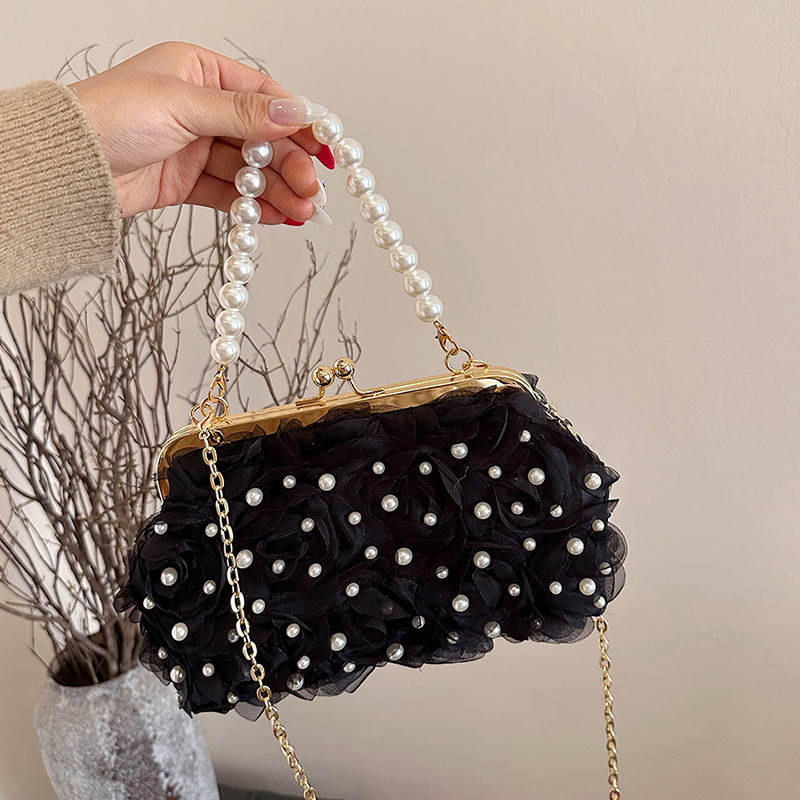 Abendtasche für Damen ⎜ Elegante Blumen-Design mit Perlenkette und praktischer Schulterkette