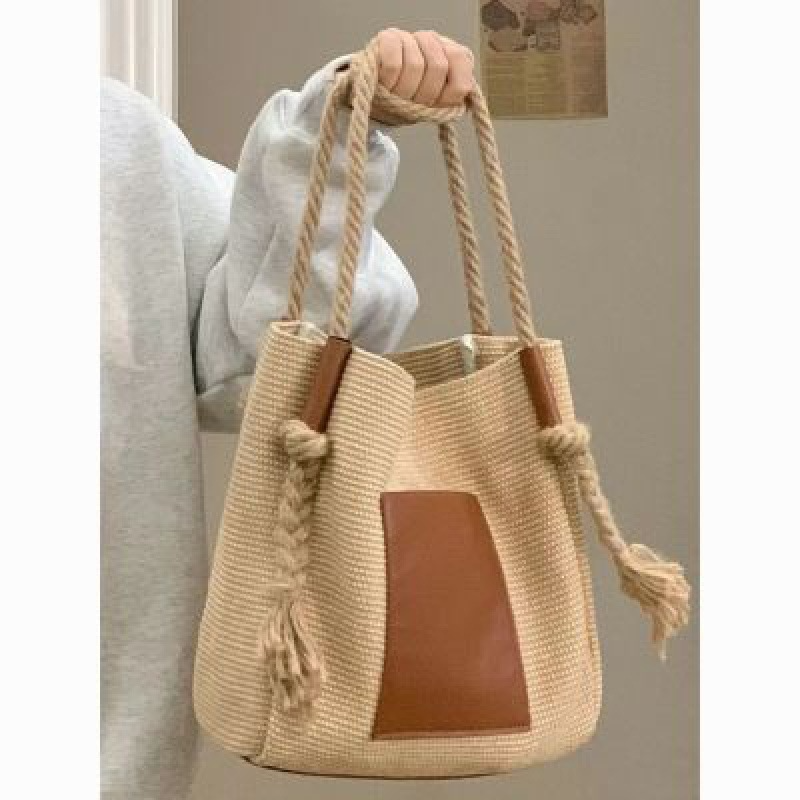 Damen Sommertasche mit Kordelriemen ⎜ Lässige Schultertasche aus Geflecht für Freizeit und Strandtage