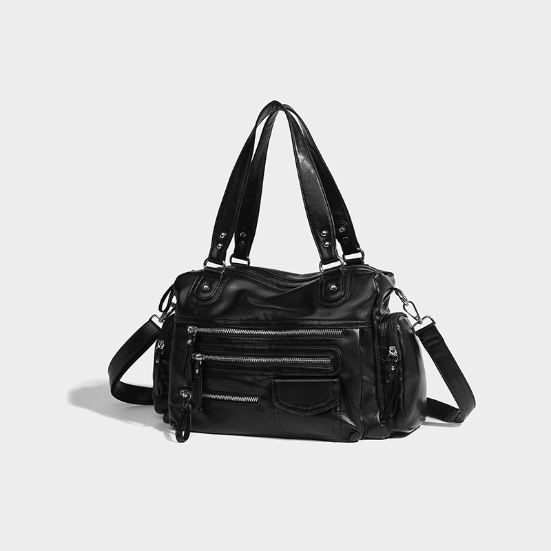 Damen Handtasche in Schwarz ⎜ Vintage Schultertasche im Biker-Stil mit Reißverschlüssen und abnehmbarem Gurt