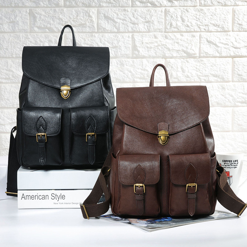 Damen Rucksack aus Echtleder ⎜ Vintage-Look mit Schnallenfächern und verstellbaren Schulterriemen für den Alltag