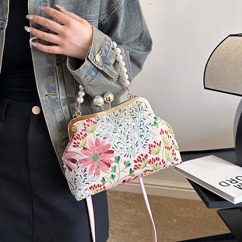 Handtasche für Damen ⎜ Elegante Umhängetasche mit floralem Muster und Perlenhenkel im Vintage-Stil