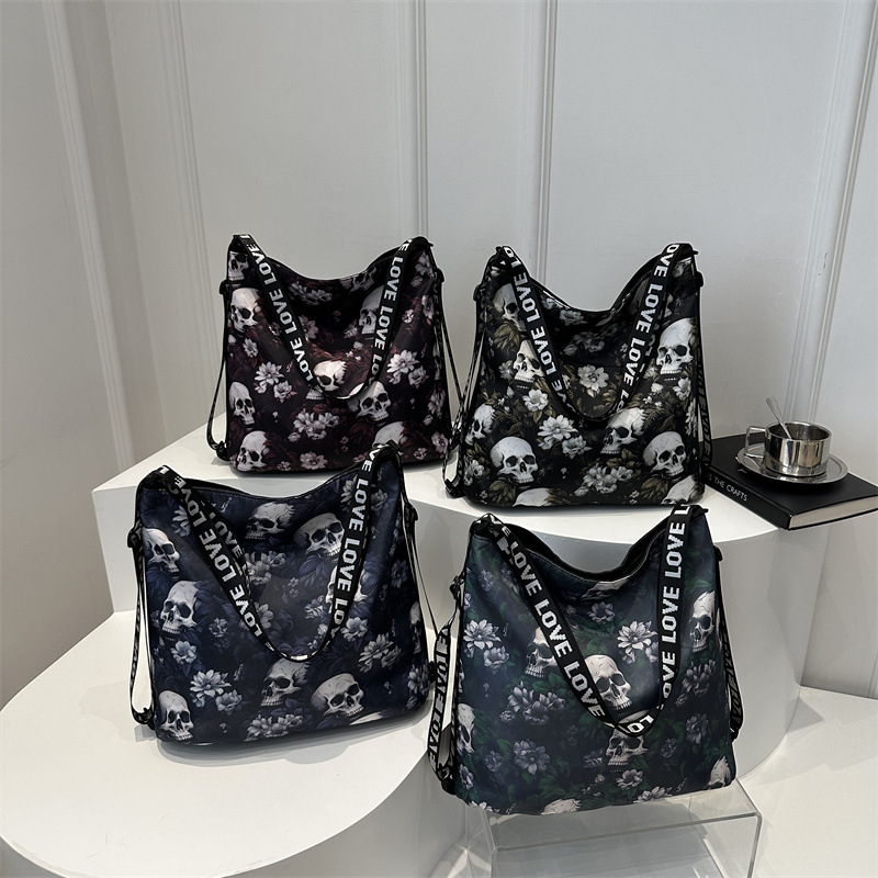 Schultertasche für Damen ⎜ Kreative Nylon-Tasche mit Totenkopf-Muster und großem Fassungsvermögen