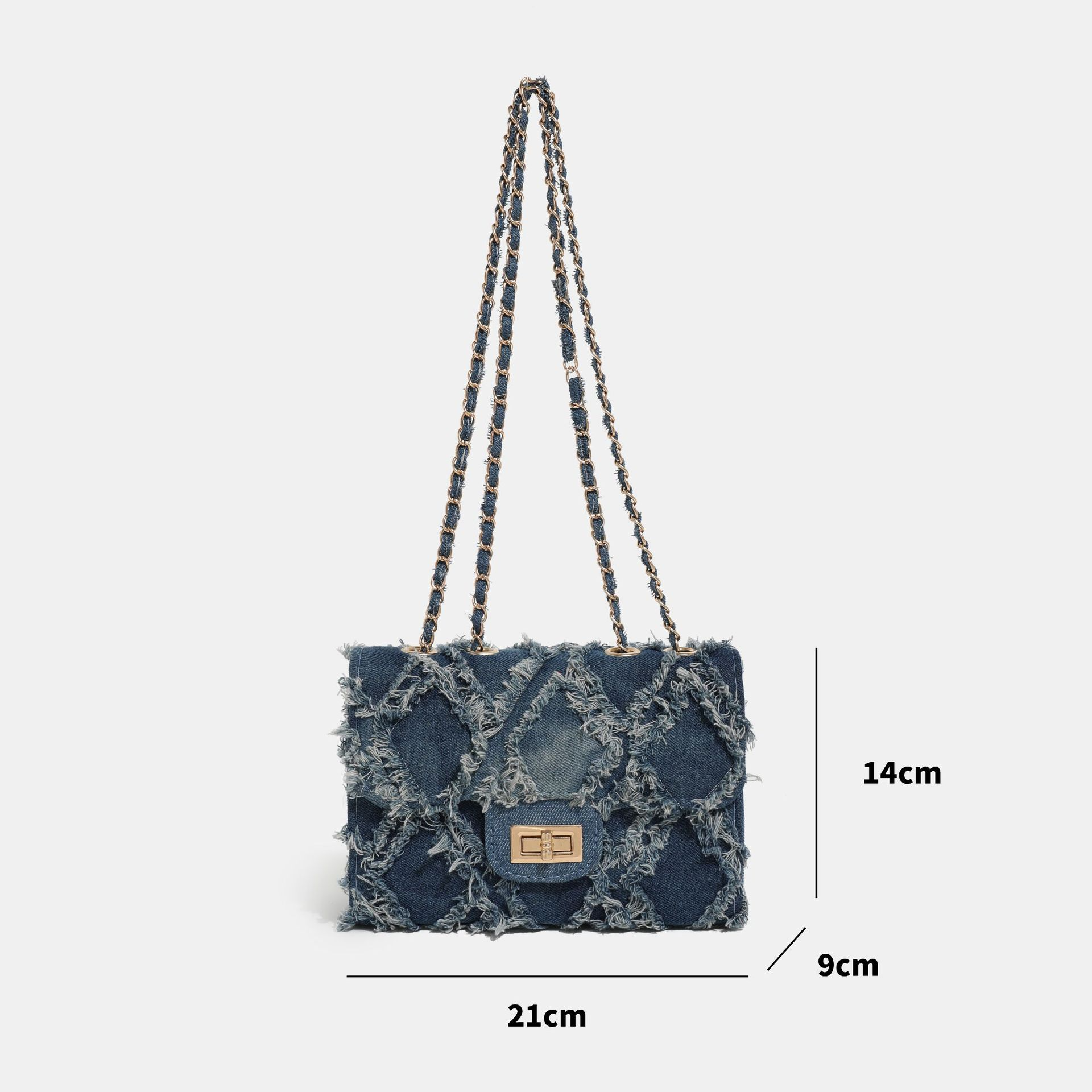 Damen Schultertasche aus Denim ⎜ Modische Umhängetasche mit Kettenriemen und Rautensteppung im Used-Look