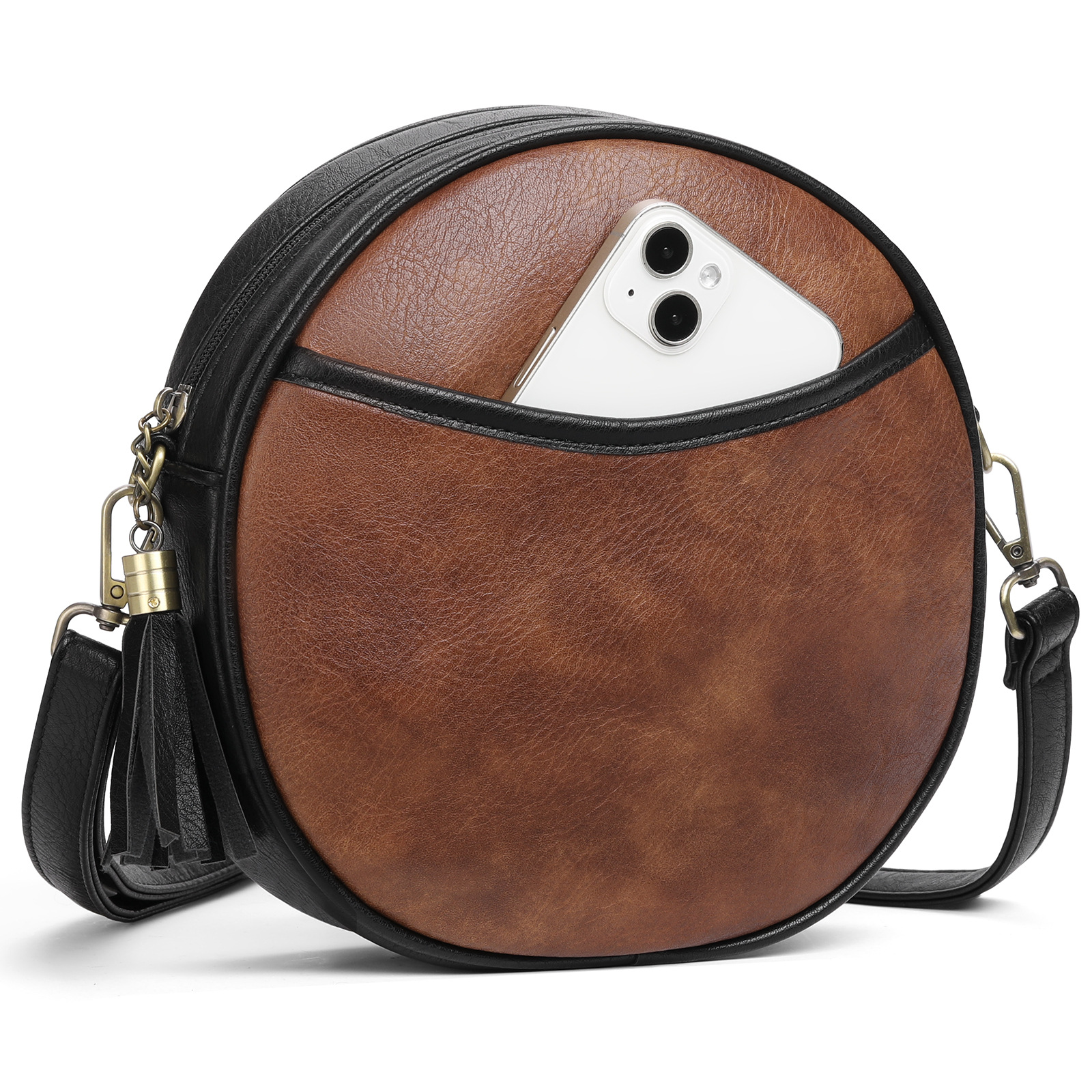 Runde Umhängetasche für Damen ⎜ Kleine Retro-Tasche aus Kunstleder mit verstellbarem Schultergurt