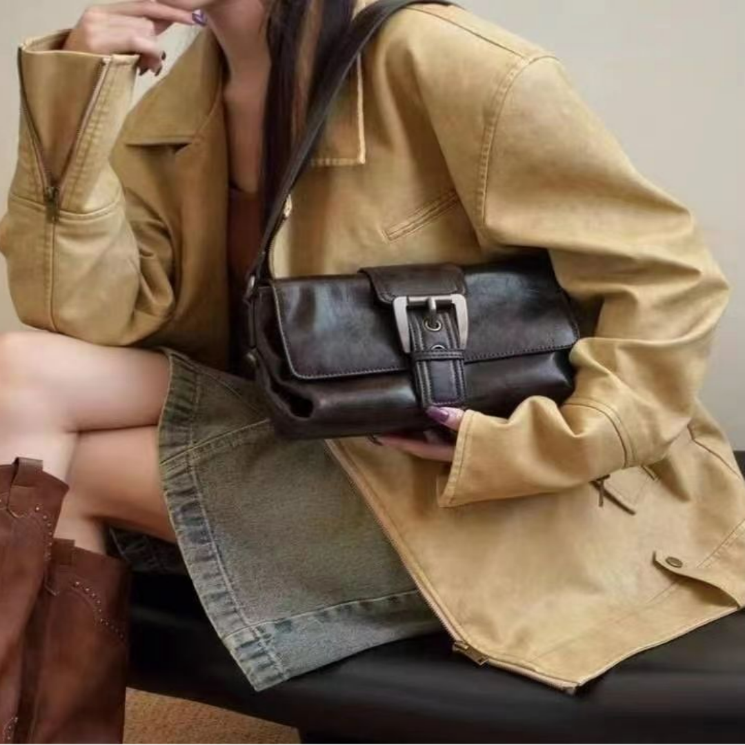 Damen Schultertasche ⎜ Stilvolle Umhängetasche mit Vintage Look und Praktischem Schnallenverschluss