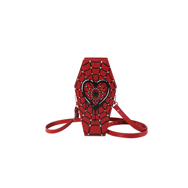 Schultertasche für Damen ⎜ Ausgefallene Umhängetasche im Sarg-Design mit Spinnennetz-Motiv für besondere Outfits