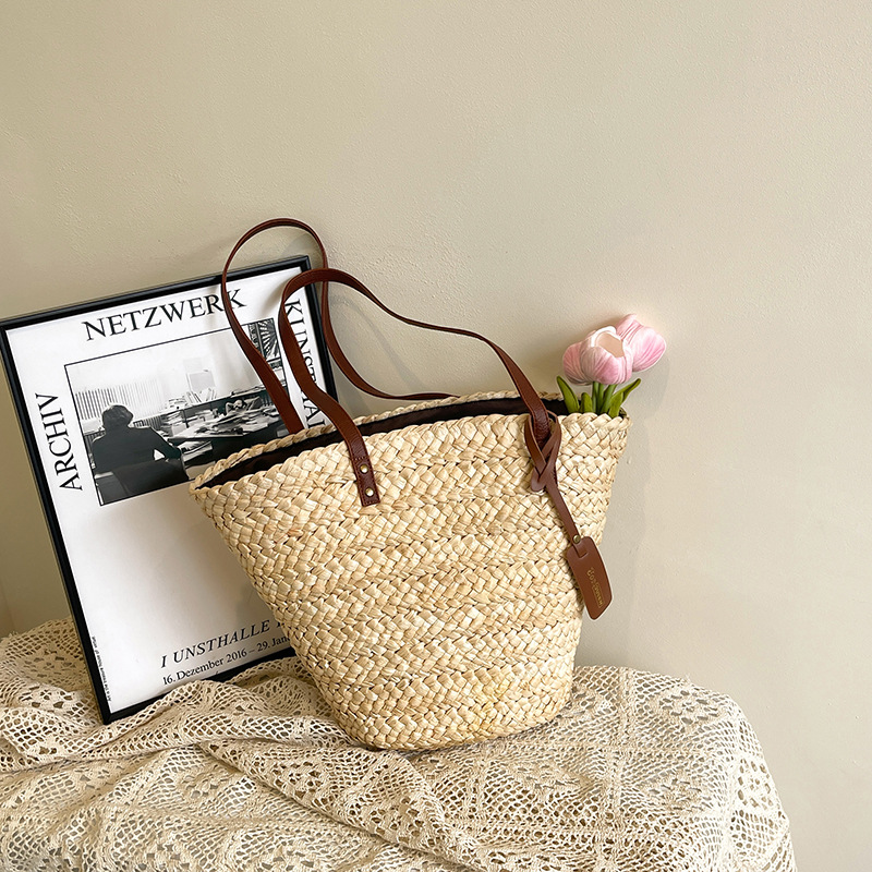 Große Strohtasche für Damen ⎜ Geräumiger Korb für Einkauf, Strand und Alltag