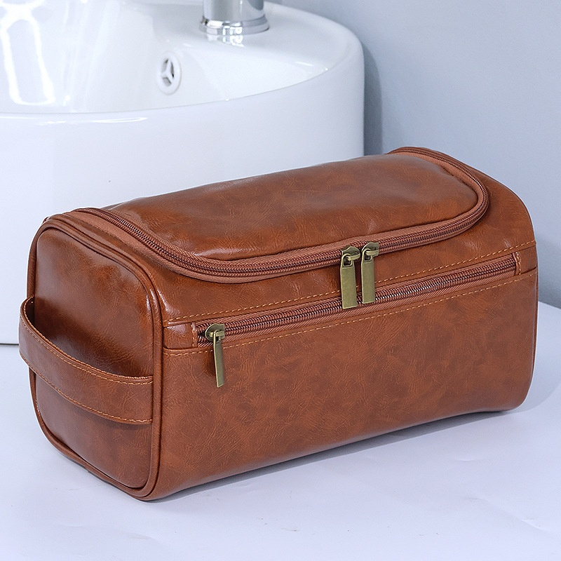 Kosmetiktasche mit Griff ⎜ Geräumige Kulturtasche aus Leder für Reisen, Bad und Make-up-Aufbewahrung