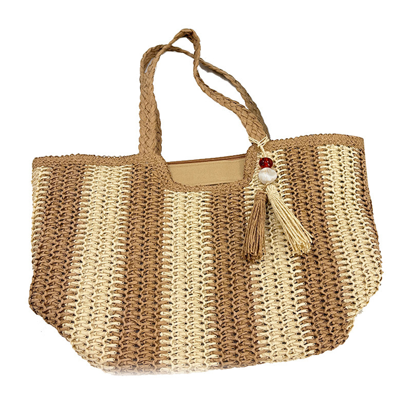 Strandtasche für Damen aus Strohgeflecht ⎜ Leichte Schultertasche mit Quaste für Sommer und Urlaub