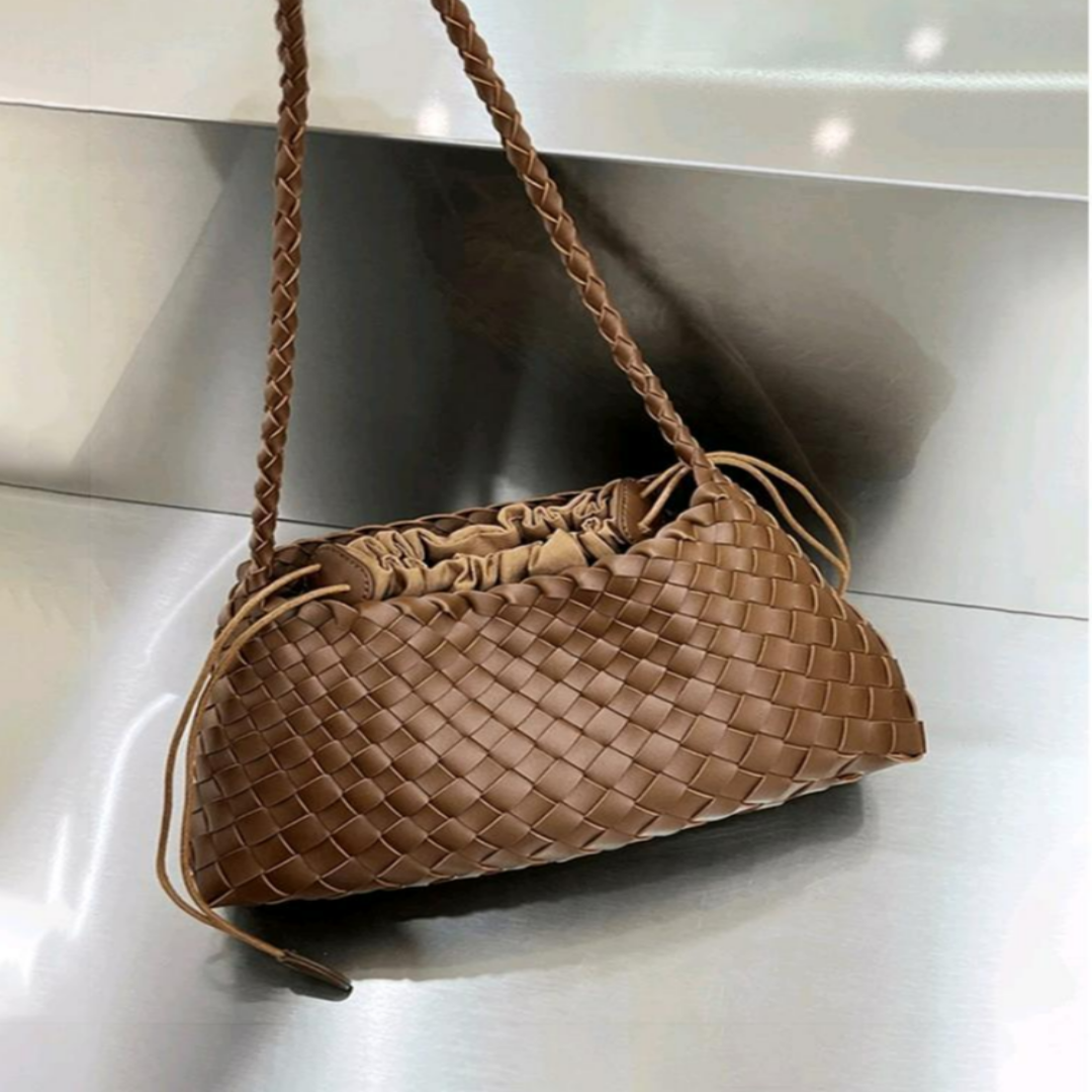 Schultertasche für Damen ⎜ Geflochtene Ledertasche im Beutelstil mit Kordelzug für stilvolle Outfits