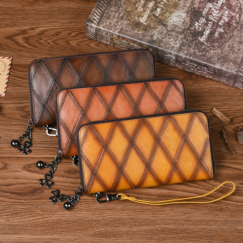 Damen Handy Tasche mit Reißverschluss ⎜ Lange Geldbörse aus Leder mit Rautenmuster und viel Stauraum