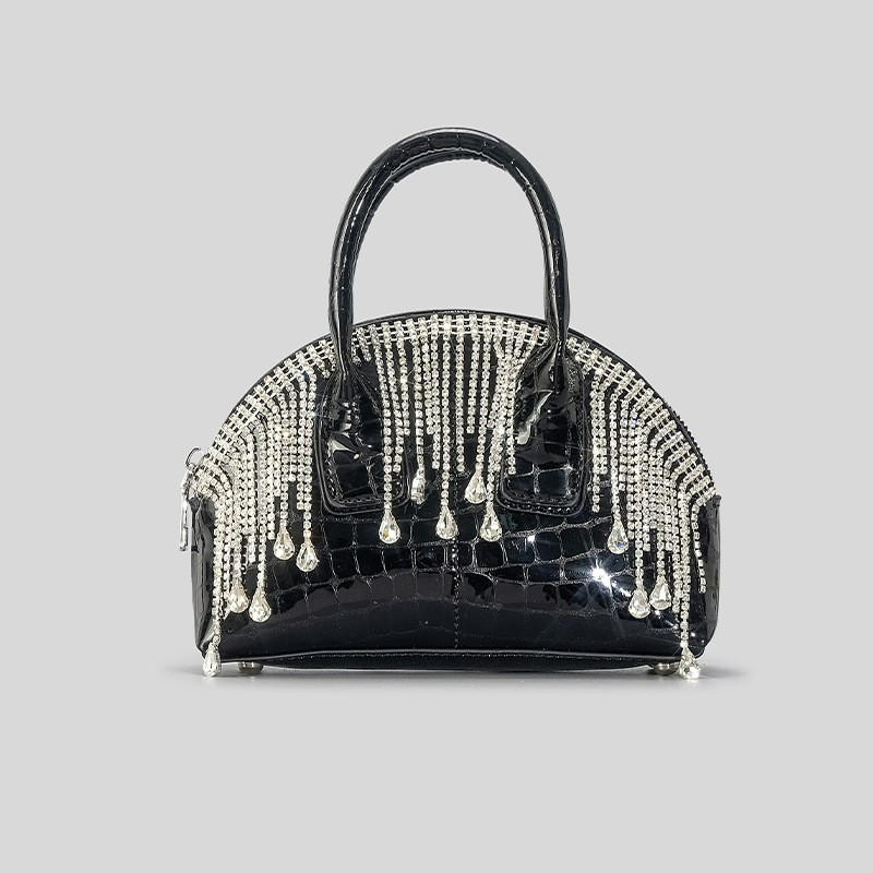Handtasche für Damen ⎜ Glänzende Umhängetasche mit Strassketten und strukturierter Oberfläche für Partys