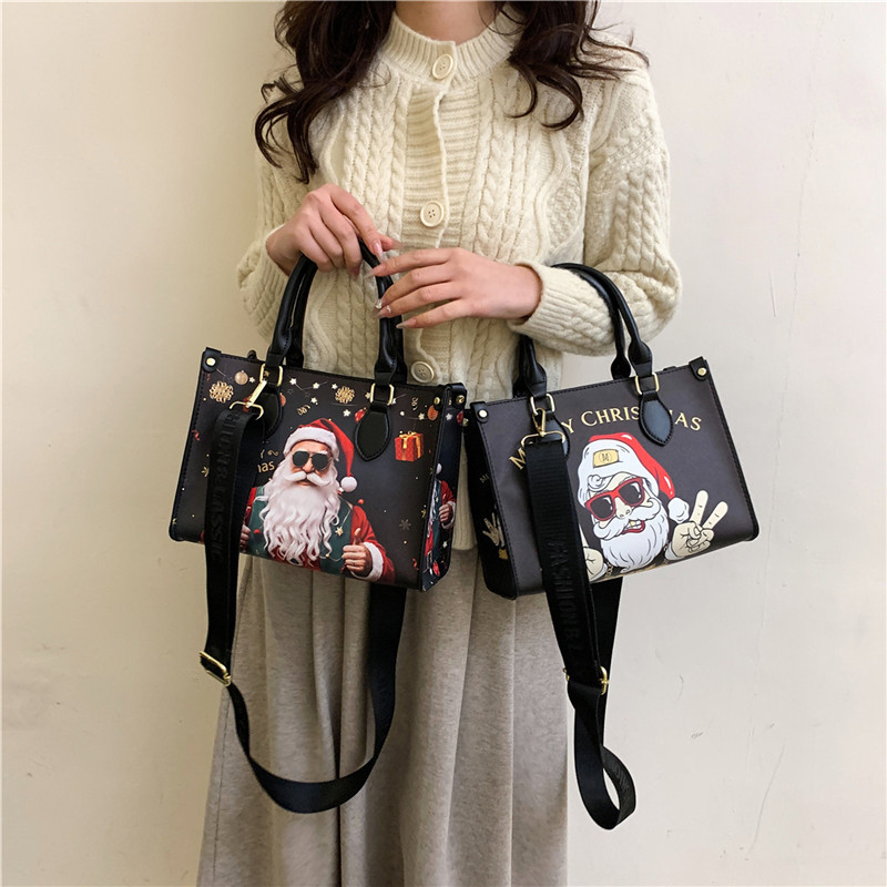 Handtasche für Damen ⎜ Weihnachtliche Tragetasche mit Santa-Print und breitem Riemen für festliche Outfits