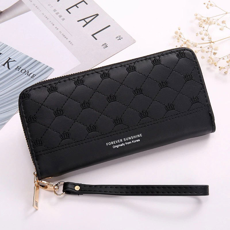 Damen Clutch Geldbörse mit Krönchen-Stickerei ⎜ Lange Reißverschlussbörse mit Handschlaufe und edlem Muster