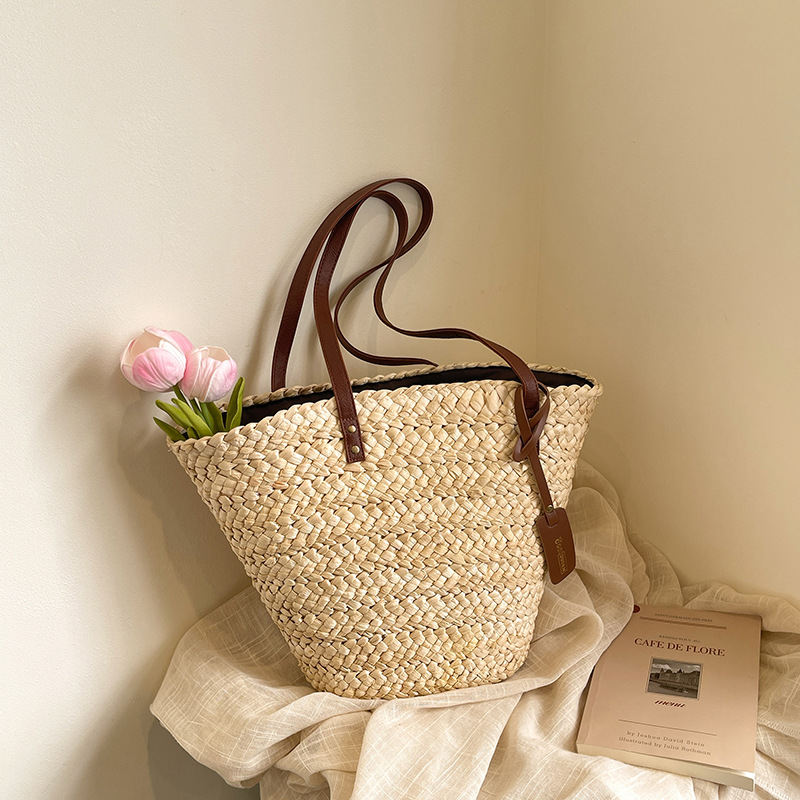 Große Strohtasche für Damen ⎜ Geräumiger Korb für Einkauf, Strand und Alltag