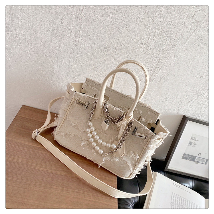 Handtasche aus Canvas für Damen ⎜ Vintage Umhängetasche mit Fransen und Doppelgriffen für stilvolle Auftritte