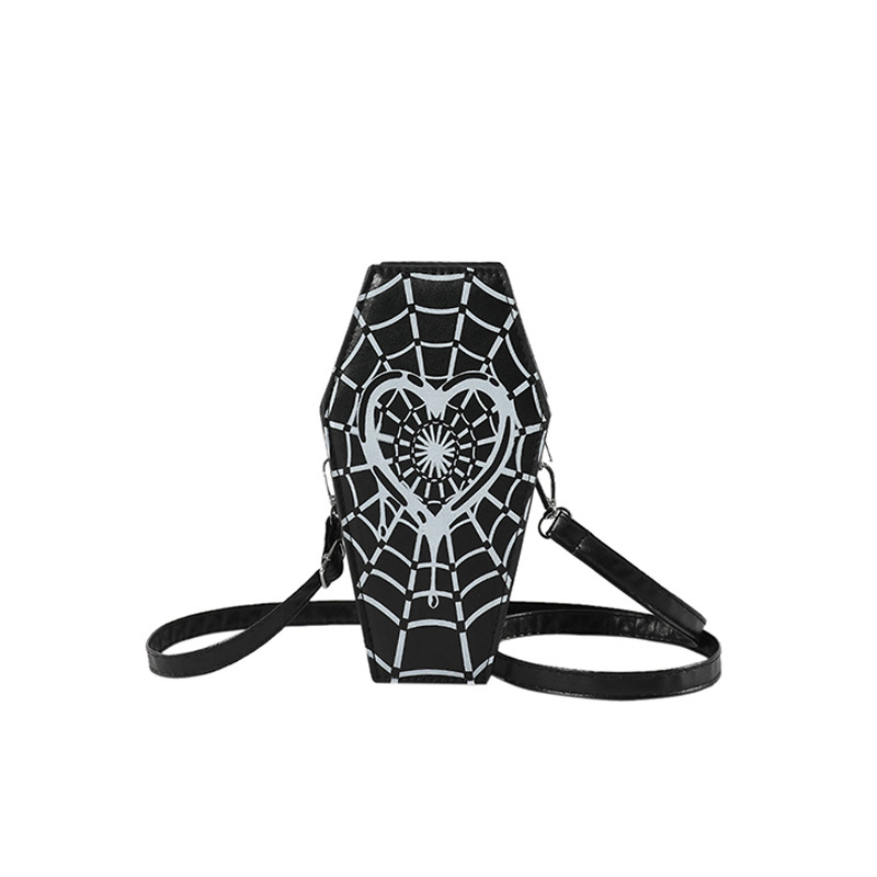Schultertasche für Damen ⎜ Ausgefallene Umhängetasche im Sarg-Design mit Spinnennetz-Motiv für besondere Outfits