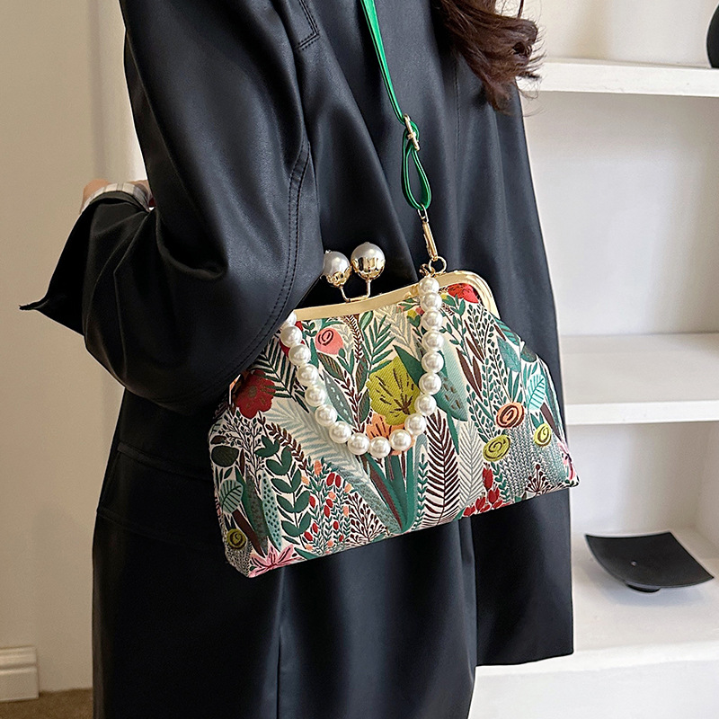 Handtasche für Damen ⎜ Elegante Umhängetasche mit floralem Muster und Perlenhenkel im Vintage-Stil