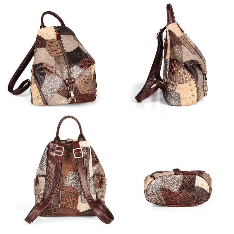 Damen Rucksack aus Patchwork-Leder ⎜ Geräumiger Vintage-Rucksack mit Reißverschluss und Tragegriffen