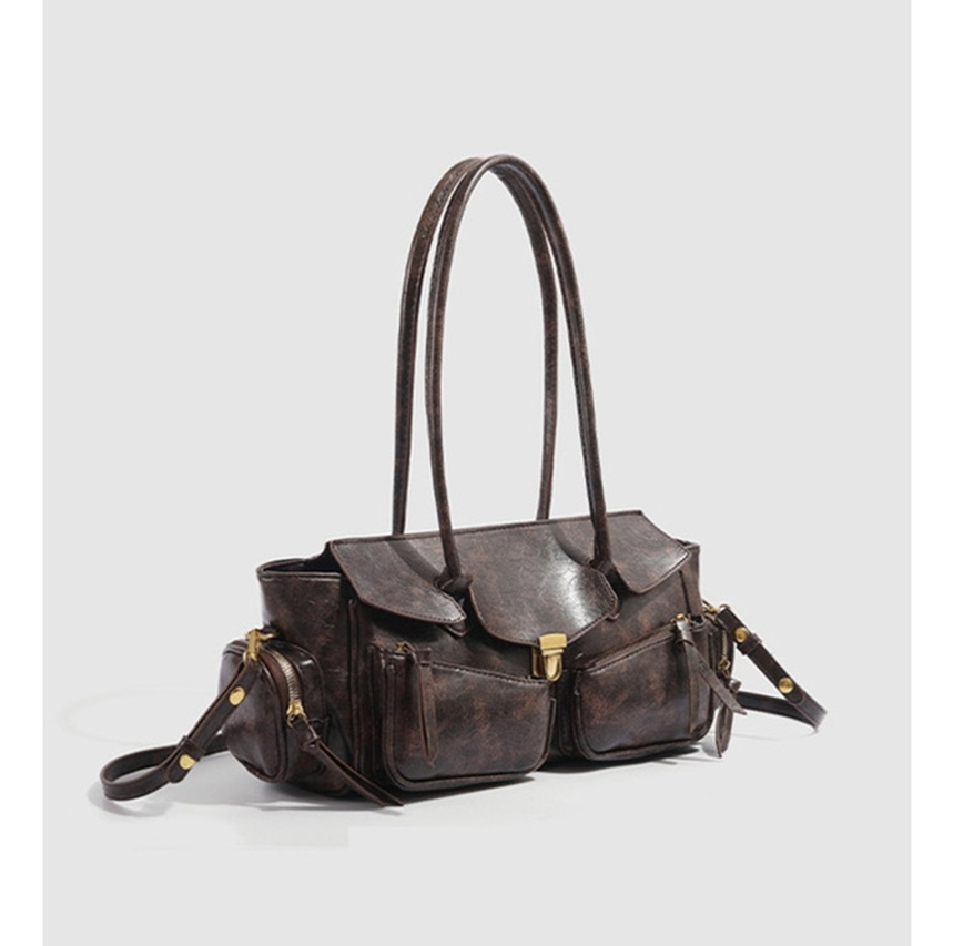 Damentasche aus Leder ⎜ Geräumige Schultertasche mit Retro-Look und Außentaschen