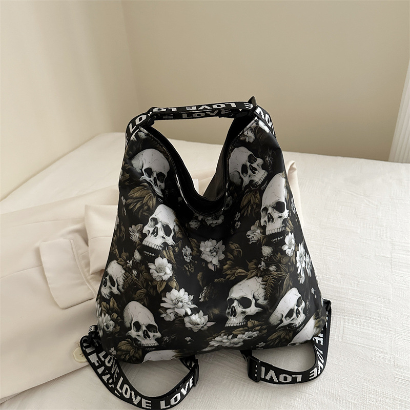 Schultertasche für Damen ⎜ Kreative Nylon-Tasche mit Totenkopf-Muster und großem Fassungsvermögen