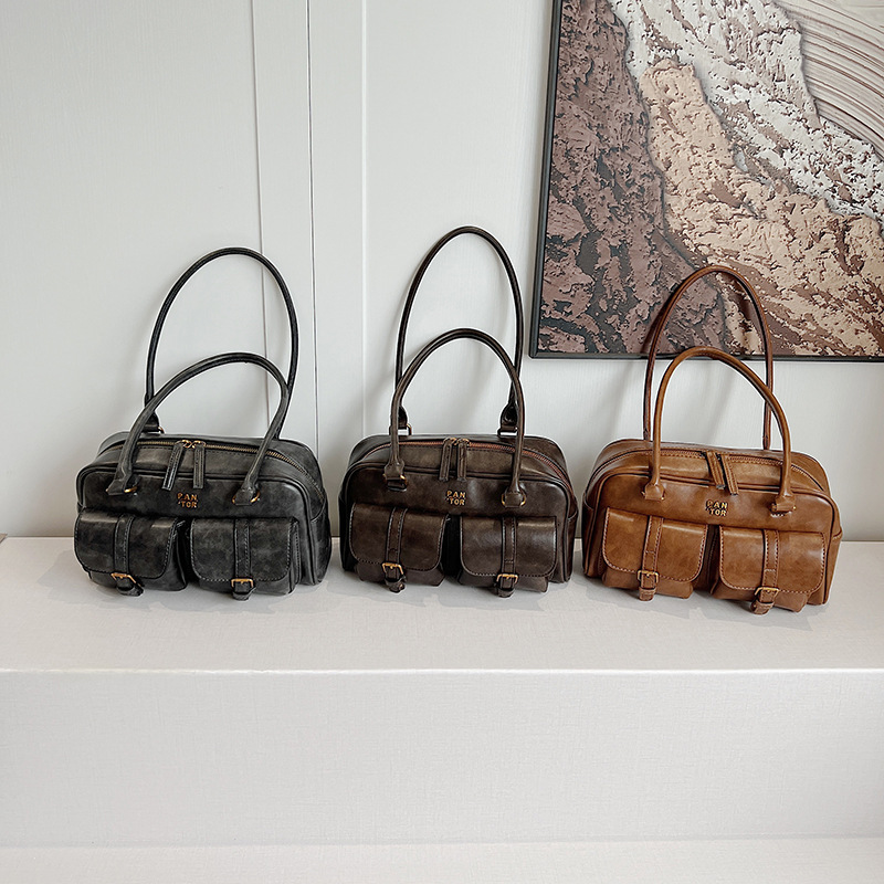 Damen Schultertasche Vintage ⎜ Geräumige Boston-Tasche mit Zwei Frontfächern und Stabilem Grif