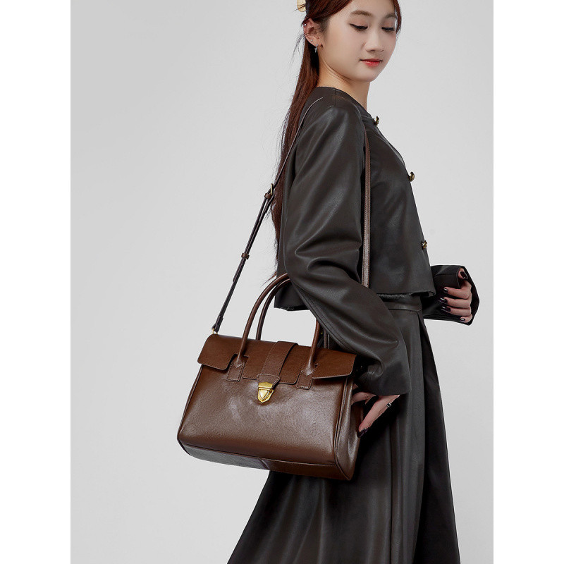 Leder Aktentasche für Damen ⎜ Geräumige Tragetasche im Retro-Stil mit Schultergurt für Alltag und Büro