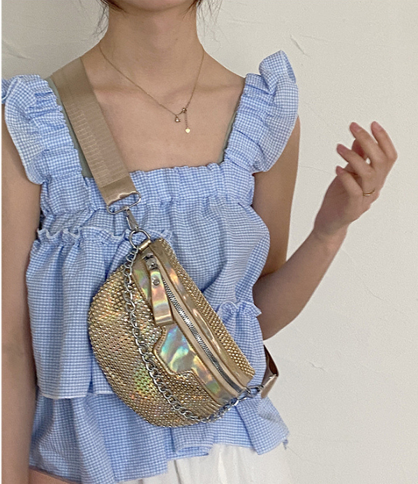 Damen Gürteltasche mit Glitzer-Details ⎜ Stylische Umhängetasche mit Kette und Verstellbarem Schulterriemen