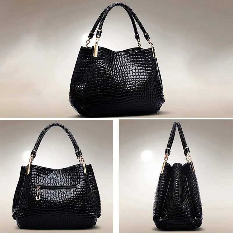 Handtasche für Damen ⎜ Große Schultertasche mit Krokoprägung und glänzender Oberfläche für Büro und Shopping